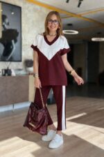 Claret Red Casual Sport Suit With Cropped Tapered Pants - Image 3