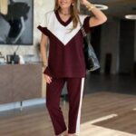 Claret Red Casual Sport Suit With Cropped Tapered Pants