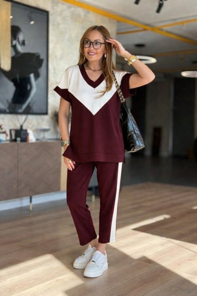 3 Claret Red Casual Sport Suit With Cropped Tapered Pants - Image 1