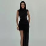 Noir Goddess Γυναικείο Draped Mini Φόρεμα με Ουρά
