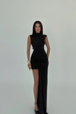 Noir Goddess Γυναικείο Draped Mini Φόρεμα με Ουρά