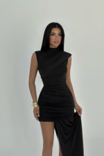 Noir Goddess Γυναικείο Draped Mini Φόρεμα με Ουρά - Image 3