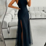 Σέξι Κομψό Επίσημο Glam Μακρύ Φόρεμα Με Λεπτομέρειες Μουσελίνας