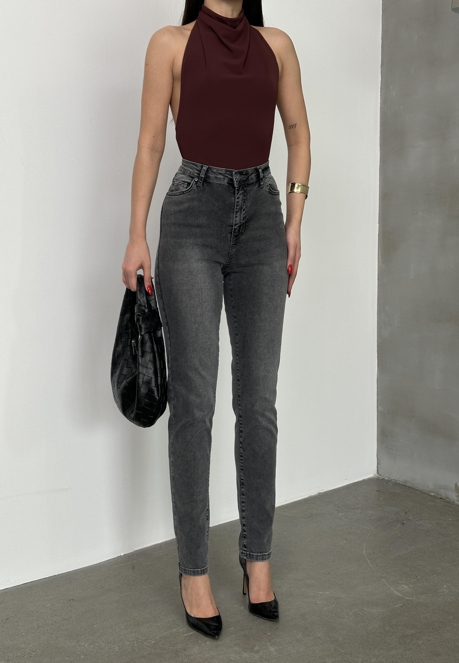 LAC10233 High Waist Classic Cut Skinny Leg Anthracite Jeans - Image 1