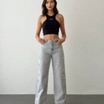 High Waist Length Laser Cut Detailed Light Gray