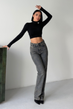 Checkered Jeans With High Waist And Patch Pocke